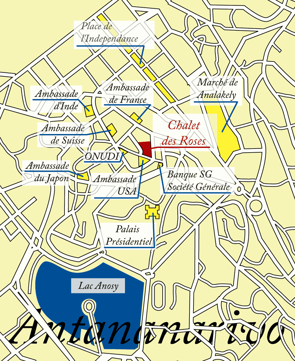 Der Stadtplan von Antananarivo (Tana). (Klicken Sie hier, um das Bild zu vergrößern) Chalet des roses, hotel, Antananarivo, Madagascar, tana, analakely, pizzeria, pizza, italia, cafe, caffe, bar, cucina italiana restaurant, hotel, italien ristorante, albergo, italiano,